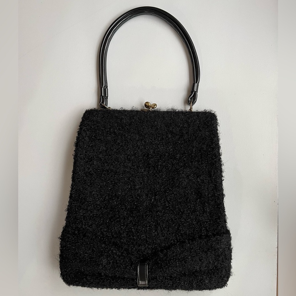 Vtg Winter Purse Black Wool Bow Tie Clasp Kissing lock